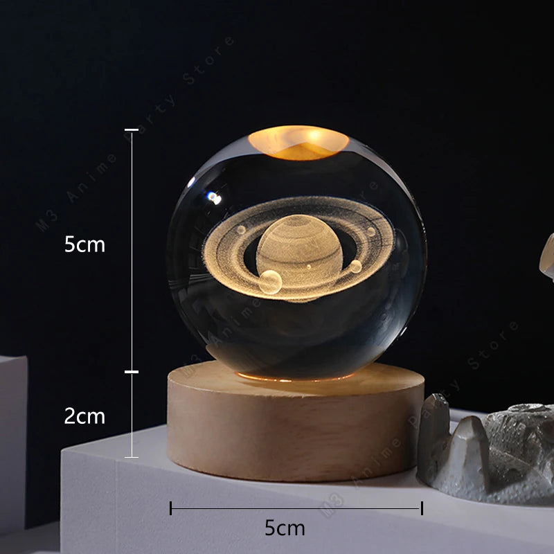 Boule Cristal 3D Lampe LED Galaxie Planètes Lune 5cm - Veilleuse Enfant