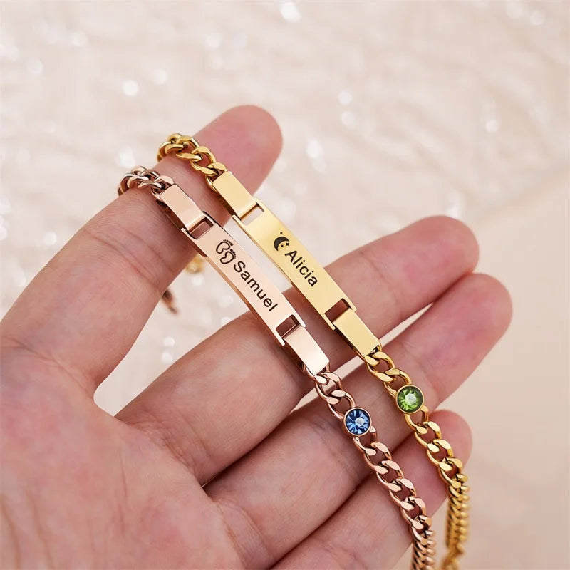 Bracelet Bébé Personnalisé Pierre de Naissance Plaqué Or 18K - Gravure Prénom Cadeau Naissance