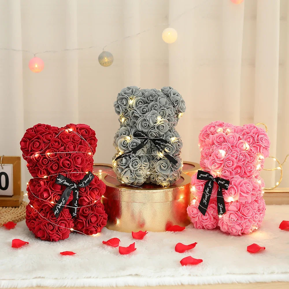 Ours en Peluche Roses Éternelles 25cm avec Boîte Cadeau - Saint-Valentin