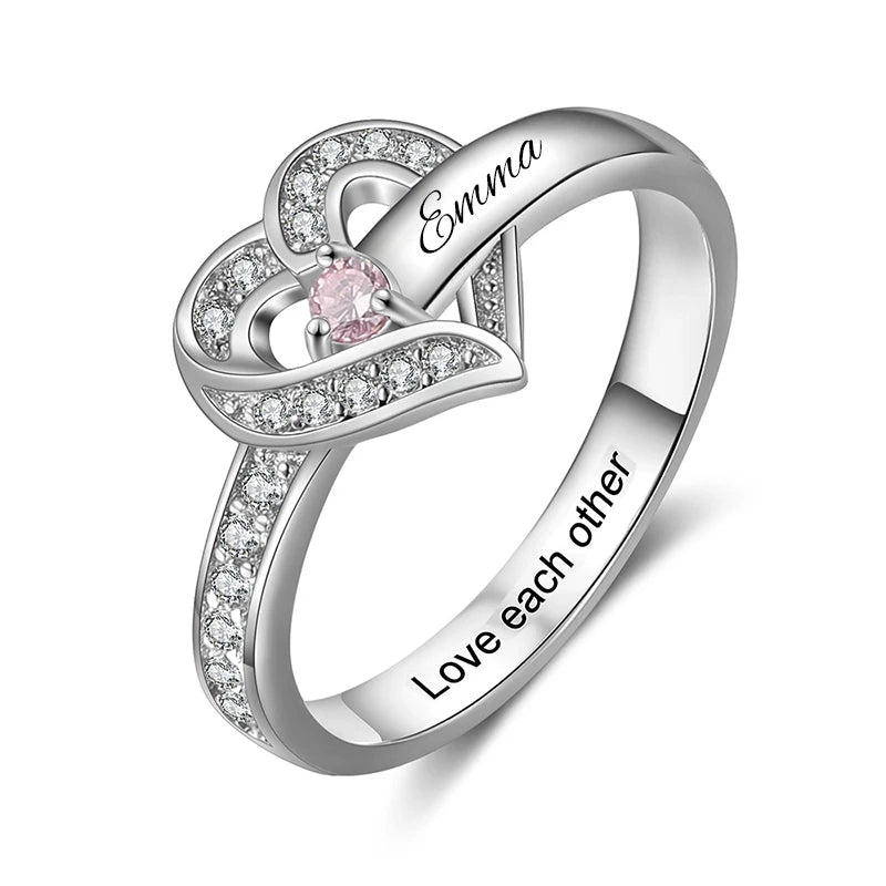 Bague Cœur Personnalisée Pierres de Naissance - Gravure Prénom Zircone Cubique | 1-8 Pierres