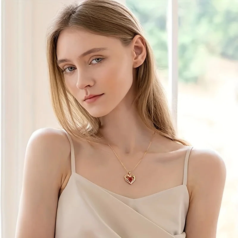Collier Luxe Zircon Rouge Or Rose avec Coffret Cadeau - Bijou Je t'aime Saint-Valentin Mariage