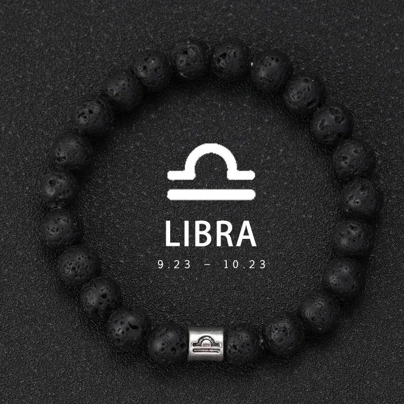 Bracelet Signe Astrologique Pierre Volcanique Naturelle - 12 Signes Zodiaque Bélier Vierge Capricorne Taureau Unisexe