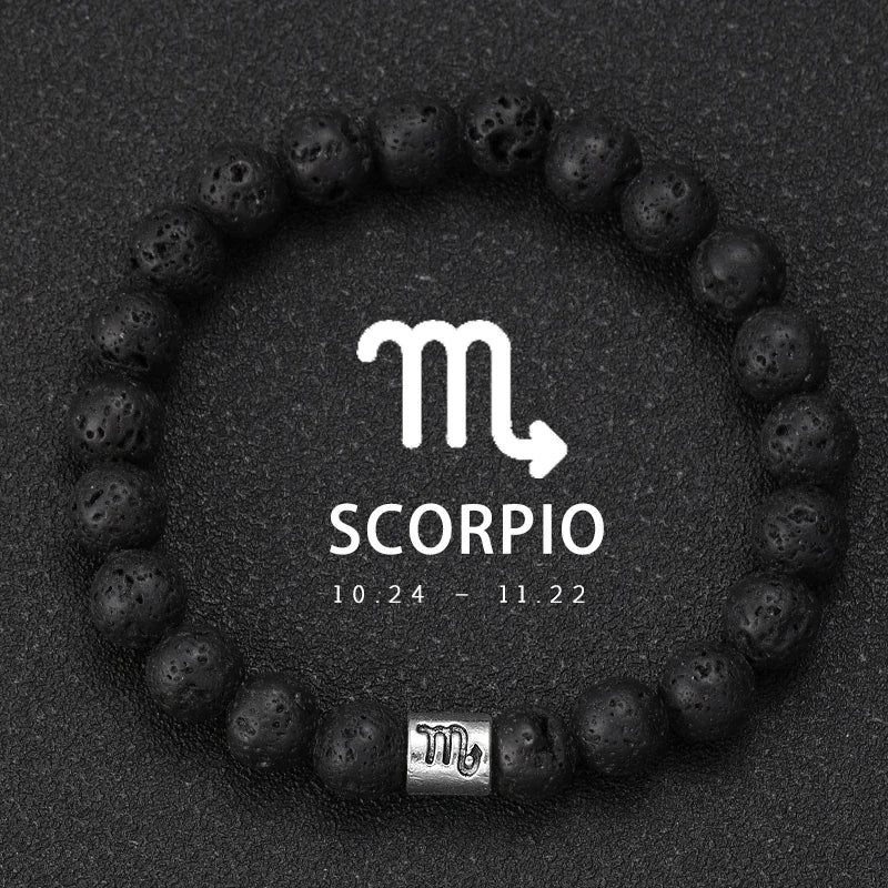 Bracelet Signe Astrologique Pierre Volcanique Naturelle - 12 Signes Zodiaque Bélier Vierge Capricorne Taureau Unisexe