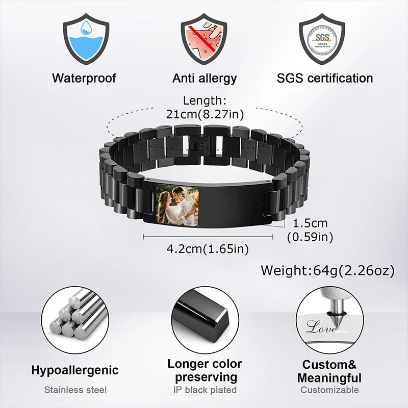 Bracelet Homme Acier Inoxydable Personnalisé - Photo & Gravure | Maillons Ajustables