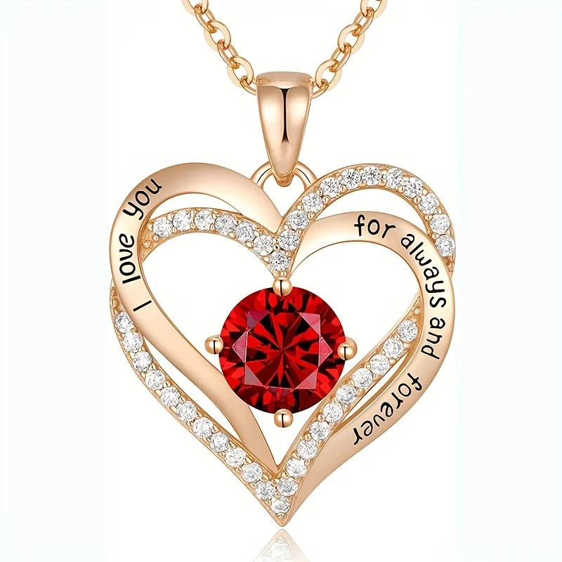 Collier Luxe Zircon Rouge Or Rose avec Coffret Cadeau - Bijou Je t'aime Saint-Valentin Mariage
