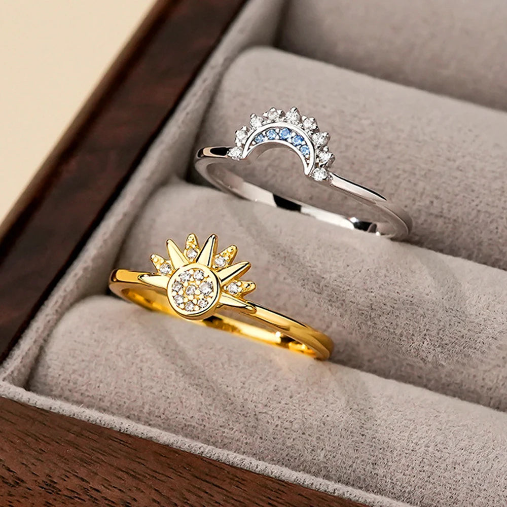 Set Bagues Couple Soleil & Lune Argent 925 - Zircone Cubique Bleu Ciel Bijou Promesse Saint-Valentin