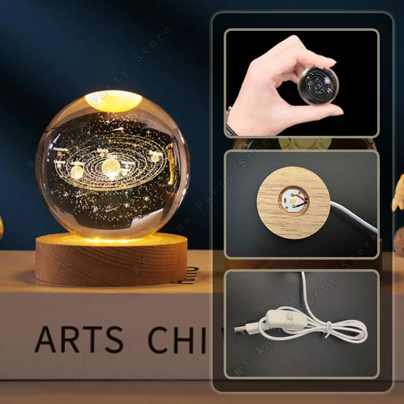 Boule Cristal 3D Lampe LED Galaxie Planètes Lune 5cm - Veilleuse Enfant