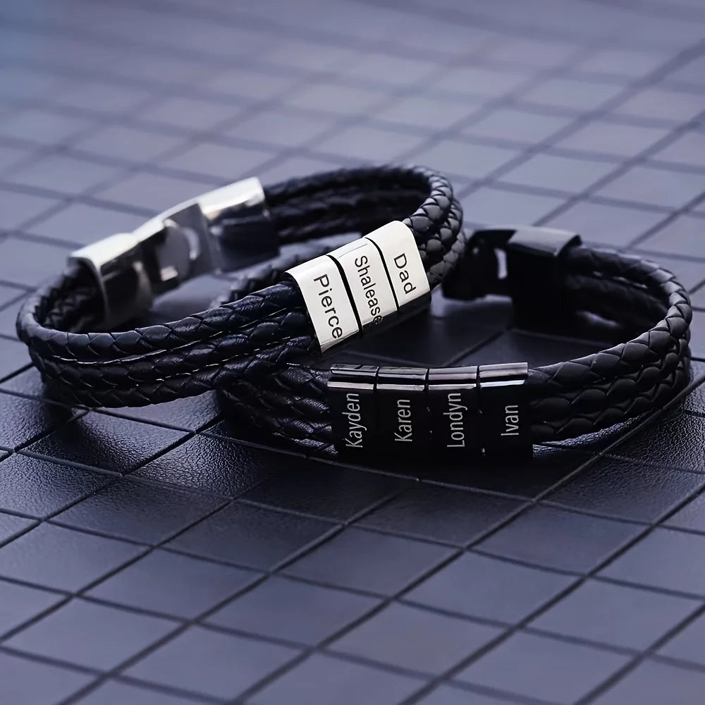 Bracelet Acier Inoxydable Personnalisé 1-5 Prénoms Homme - Gravure Famille Papa Grand-Père Cadeau Fête des Pères