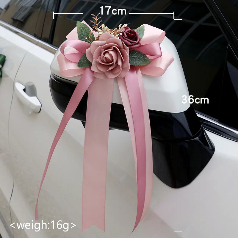 Décorations Florales Voiture Mariage 6 Pièces Poignées Rétroviseurs - Blanc/Rose