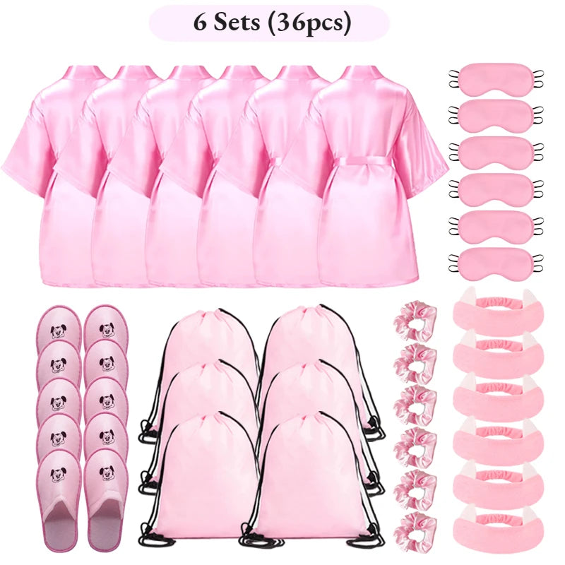 Set Spa Party Filles 6 Pièces - Peignoirs Satin Chaussons Sac Cadeau