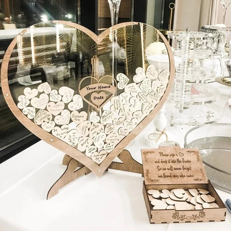 Livre d'Or Mariage Cœur en Bois - Boîte à Souhaits Goutte Déco Table Rustique Personnalisable