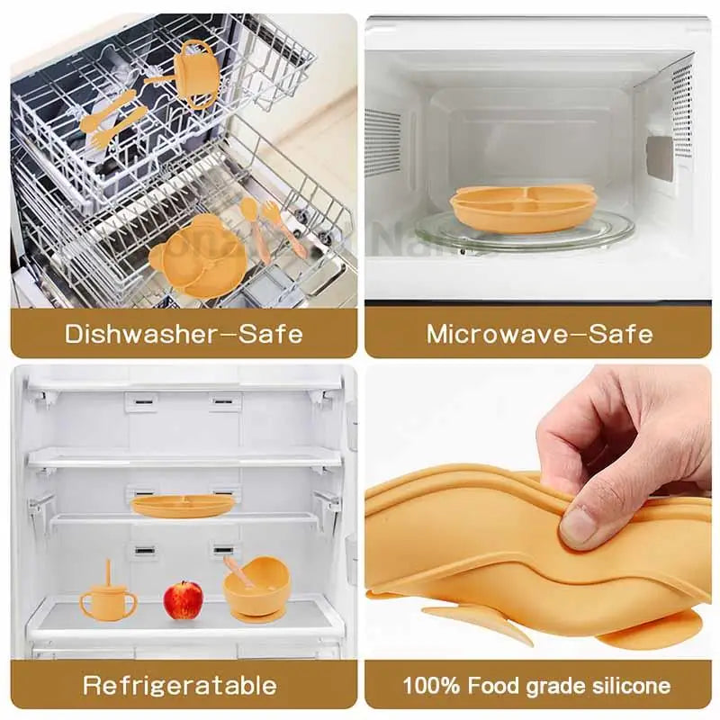 Set Vaisselle Silicone Bébé Personnalisé 8 Pièces - Assiette Bol Tasse Bavoir Prénom