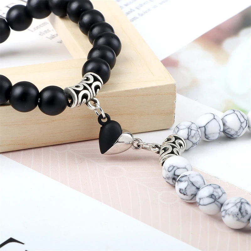 Bracelet Couple Yin Yang Magnétique 2pcs - Pierres Naturelles 8mm Cœur Aimant Bijou Amitié Saint-Valentin