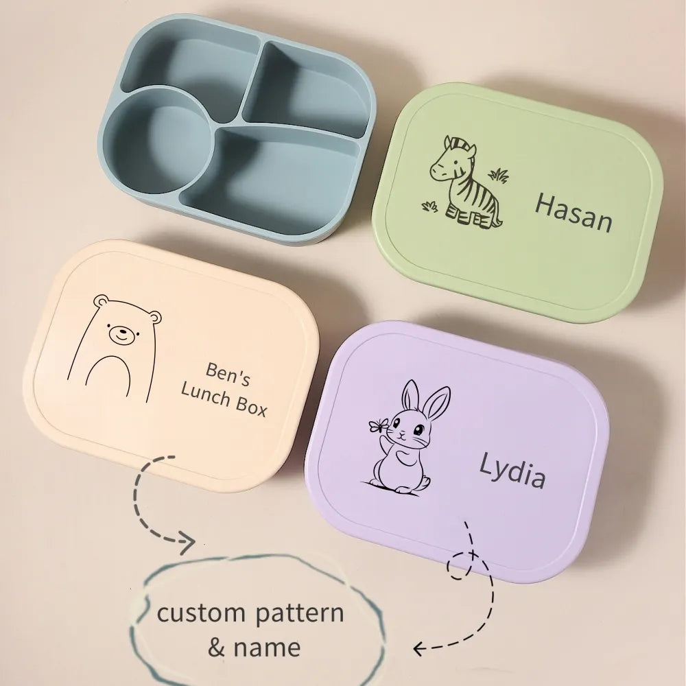 Lunch Box Silicone Personnalisable Enfant 1340ml - Bento 4 Compartiments Sans BPA Étanche