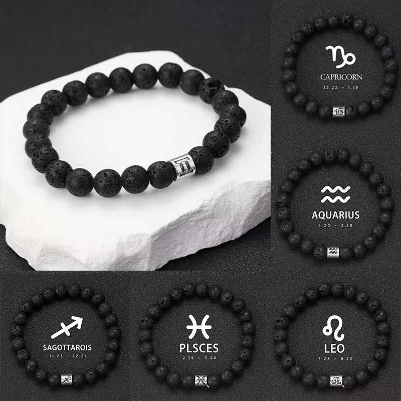 Bracelet Signe Astrologique Pierre Volcanique Naturelle - 12 Signes Zodiaque Bélier Vierge Capricorne Taureau Unisexe