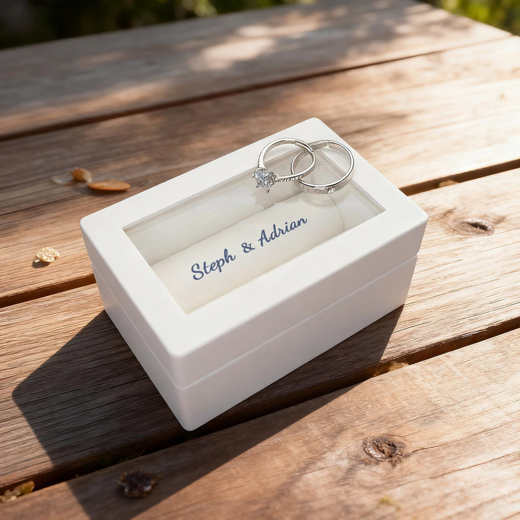 Coffret Alliances Personnalisé Blanc Gravure Prénoms - Cérémonie Mariage