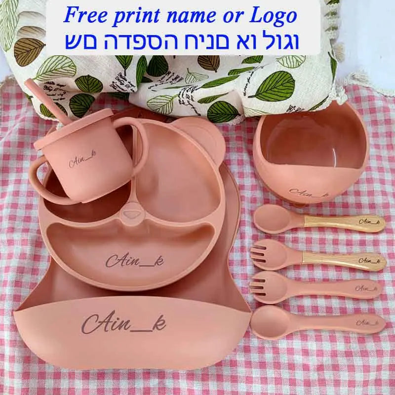 Set Vaisselle Silicone Bébé Personnalisé 8 Pièces - Assiette Bol Tasse Bavoir Prénom