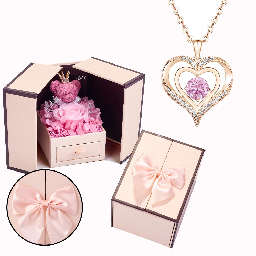 Collier Cœur avec Ourson et Rose - Coffret Cadeau Saint-Valentin