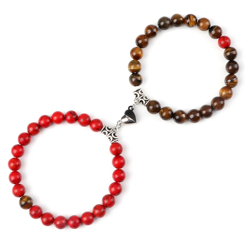 Bracelet Couple Yin Yang Magnétique 2pcs - Pierres Naturelles 8mm Cœur Aimant Bijou Amitié Saint-Valentin