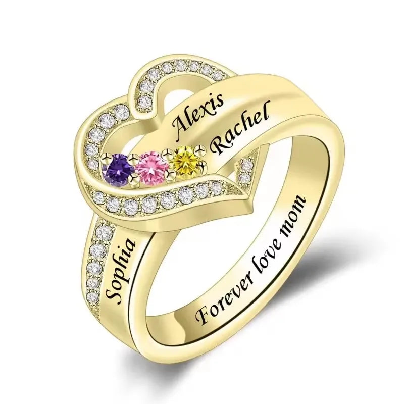 Bague Cœur Personnalisée Pierres de Naissance - Gravure Prénom Zircone Cubique | 1-8 Pierres