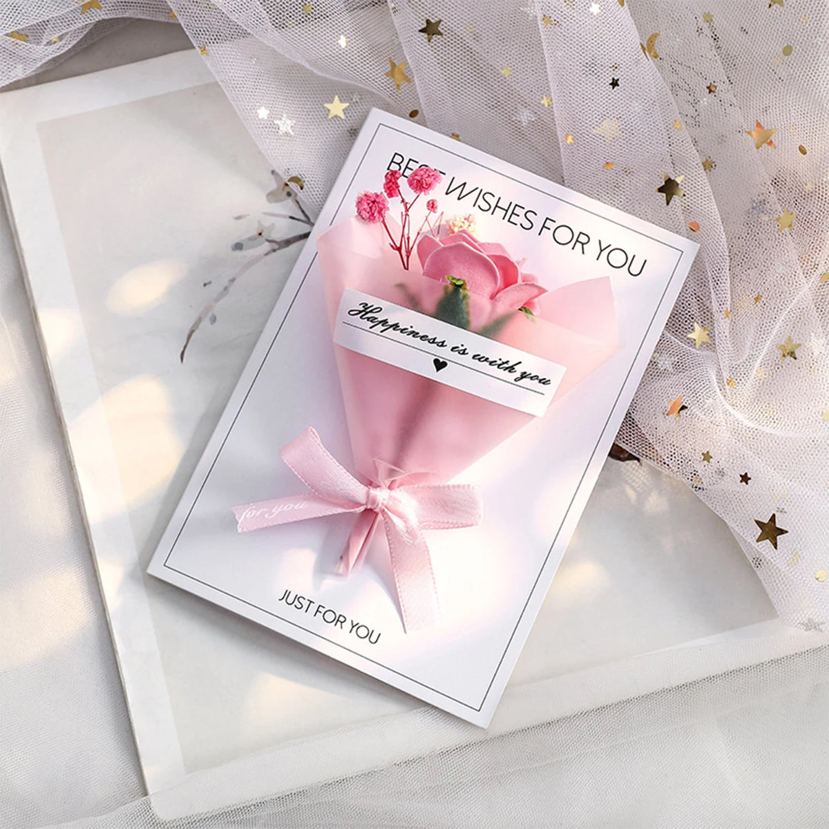 Carte de Vœux Artisanale avec Fleur Éternelle - Saint-Valentin Fête des Mères Anniversaire