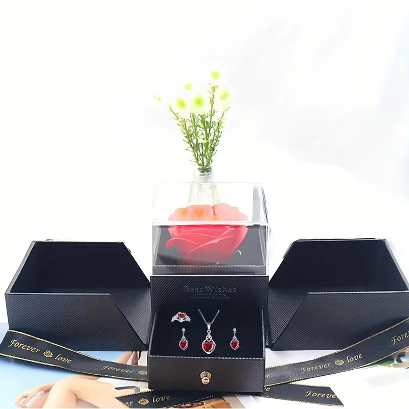 Coffret Cadeau Bijoux Cœur 4 Pièces avec Rose - Parure Complète Saint-Valentin