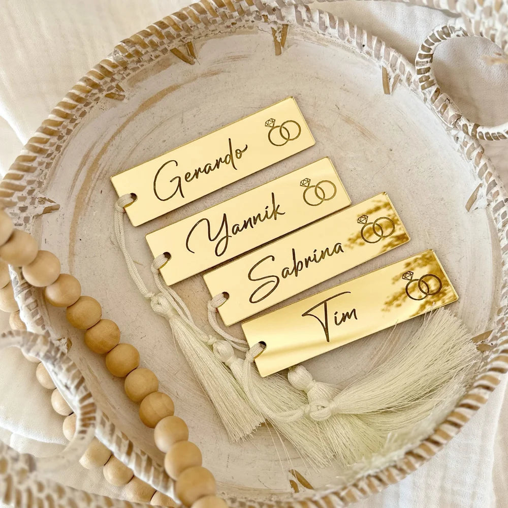 Marque-Places Personnalisés Miroir Acrylique Or Pompons - Mariage Lot 10/30