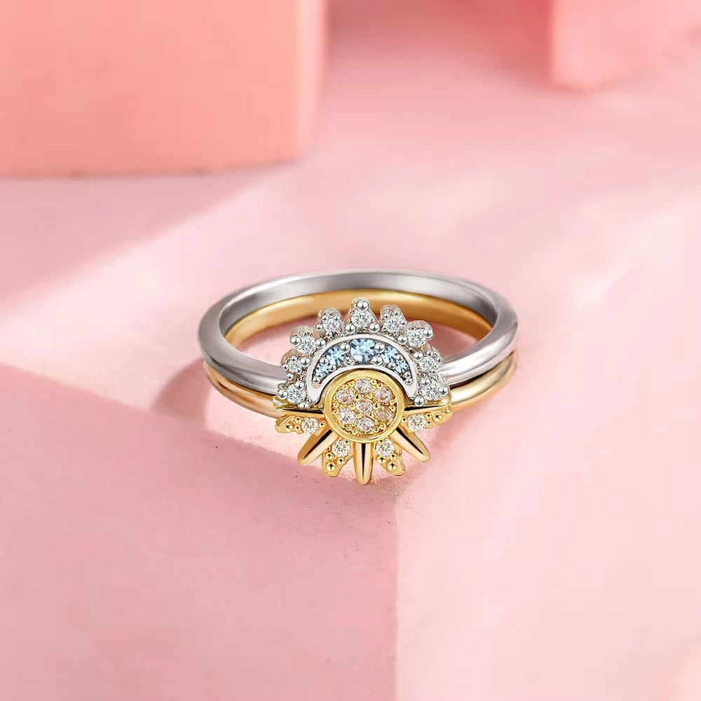 Set Bagues Couple Soleil & Lune Argent 925 - Zircone Cubique Bleu Ciel Bijou Promesse Saint-Valentin