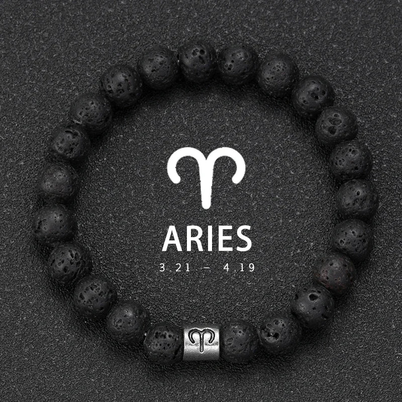 Bracelet Signe Astrologique Pierre Volcanique Naturelle - 12 Signes Zodiaque Bélier Vierge Capricorne Taureau Unisexe