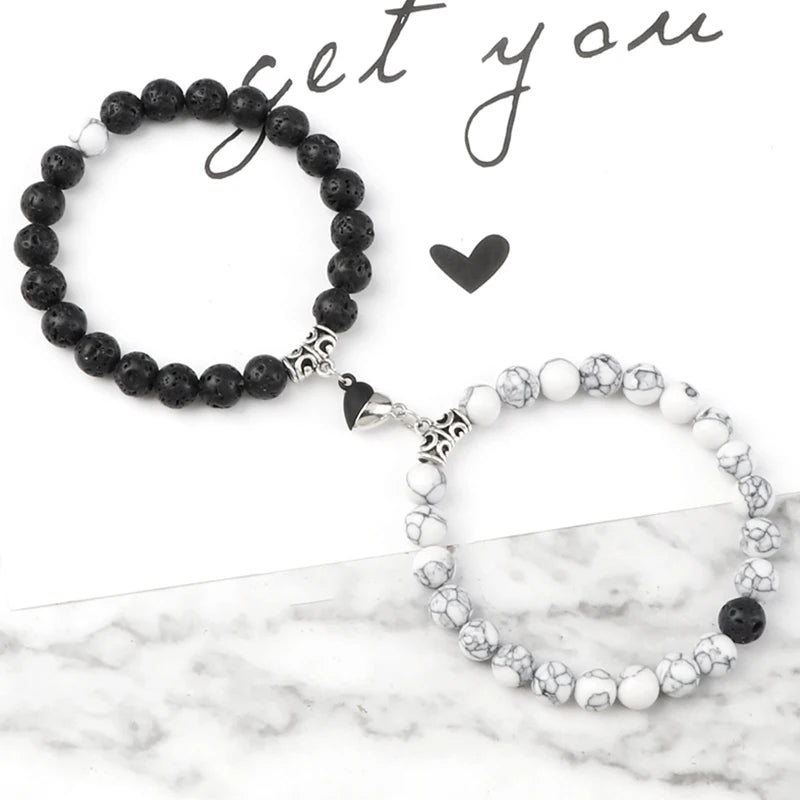Bracelet Couple Yin Yang Magnétique 2pcs - Pierres Naturelles 8mm Cœur Aimant Bijou Amitié Saint-Valentin