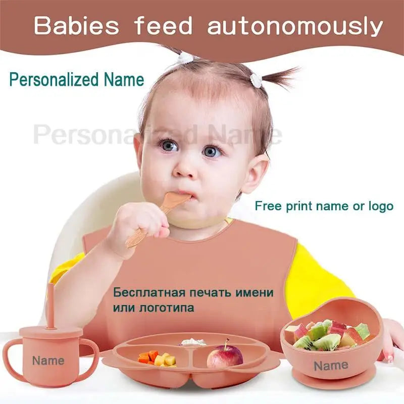 Set Vaisselle Silicone Bébé Personnalisé 8 Pièces - Assiette Bol Tasse Bavoir Prénom