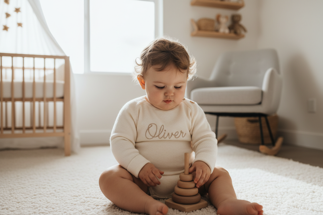 Bébé en body beige dans nursery moderne