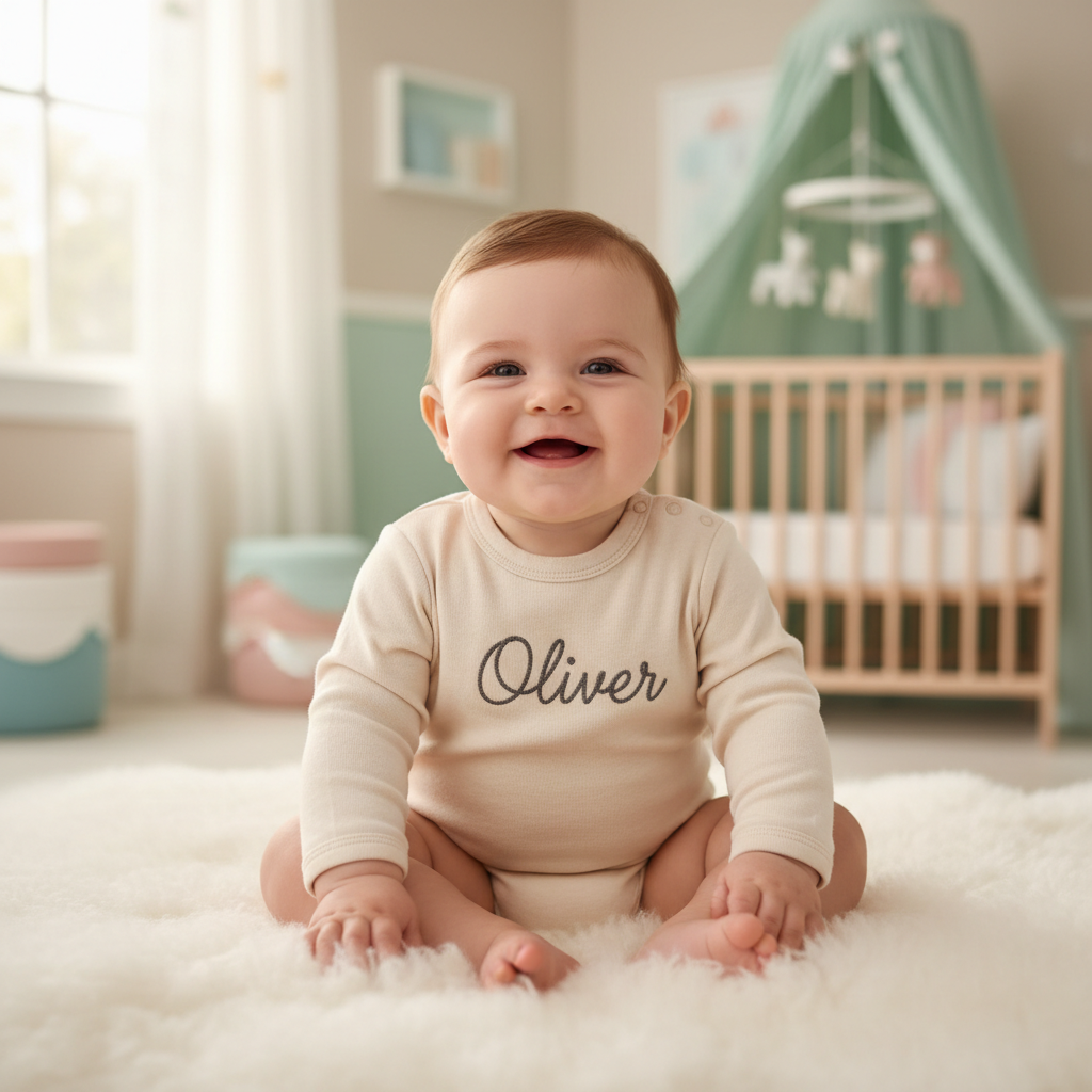 Bébé portant body beige personnalisé