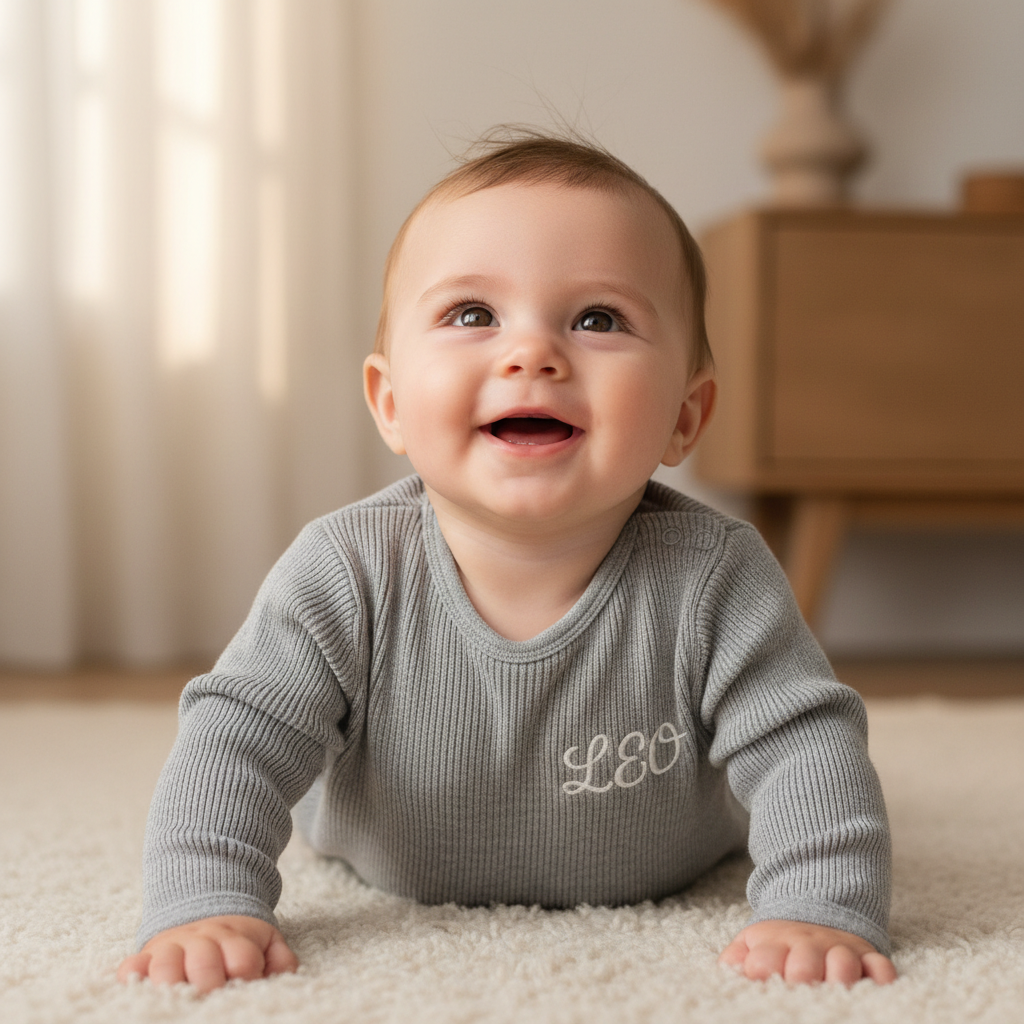 Bébé portant body gris personnalisé