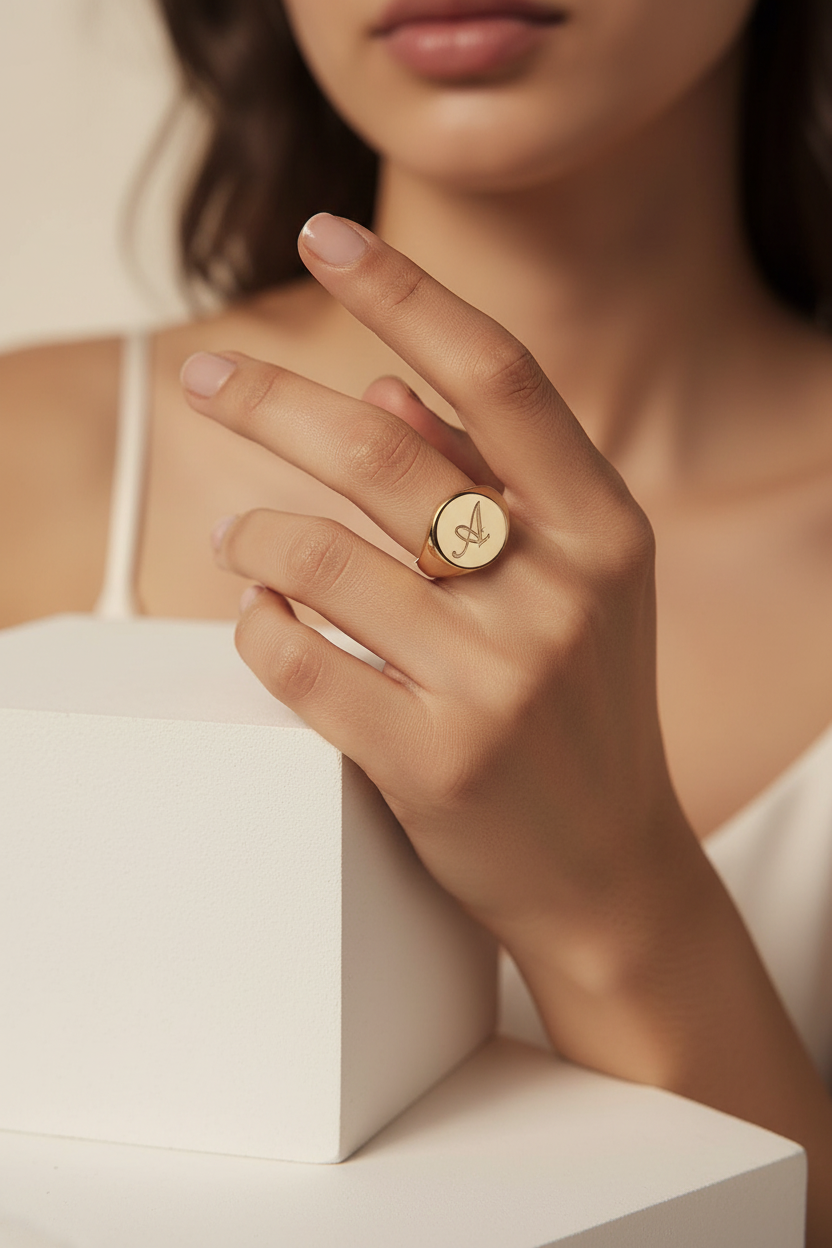 Bague chevalière initiale portée - Photo promo bijou personnalisé
