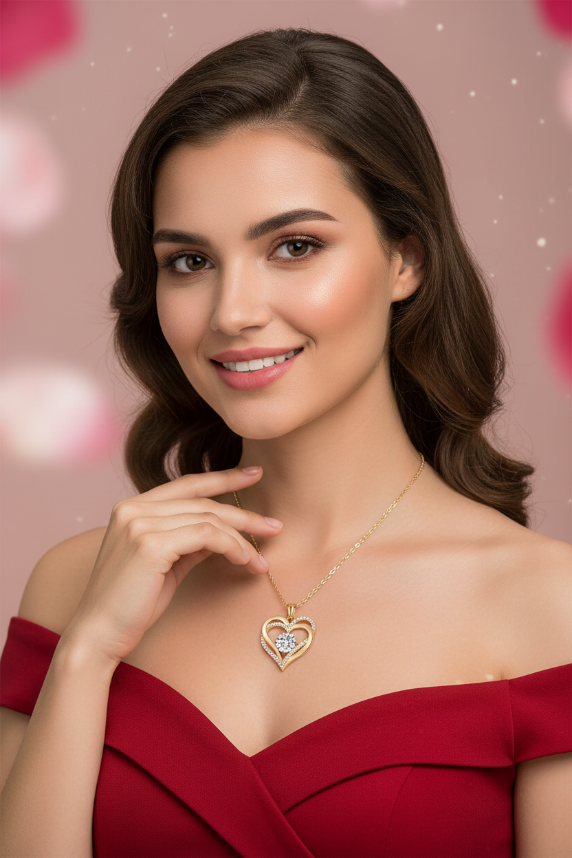 Collier cœur rouge porté par mannequin - Photo promo Saint-Valentin