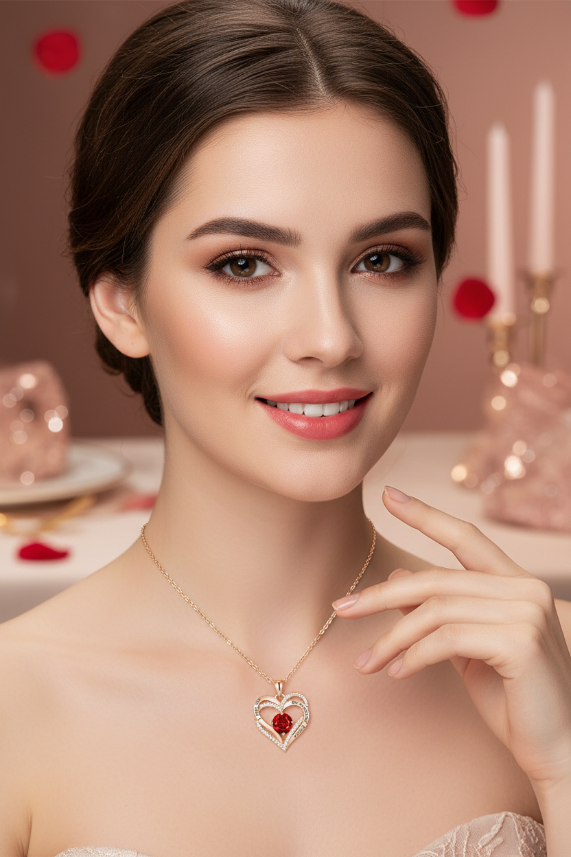 Collier luxe zircon rouge porté par mannequin - Photo promo Saint-Valentin