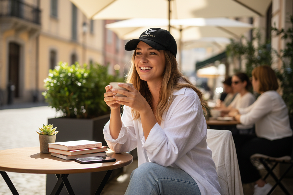 Femme portant casquette personnalisée au café