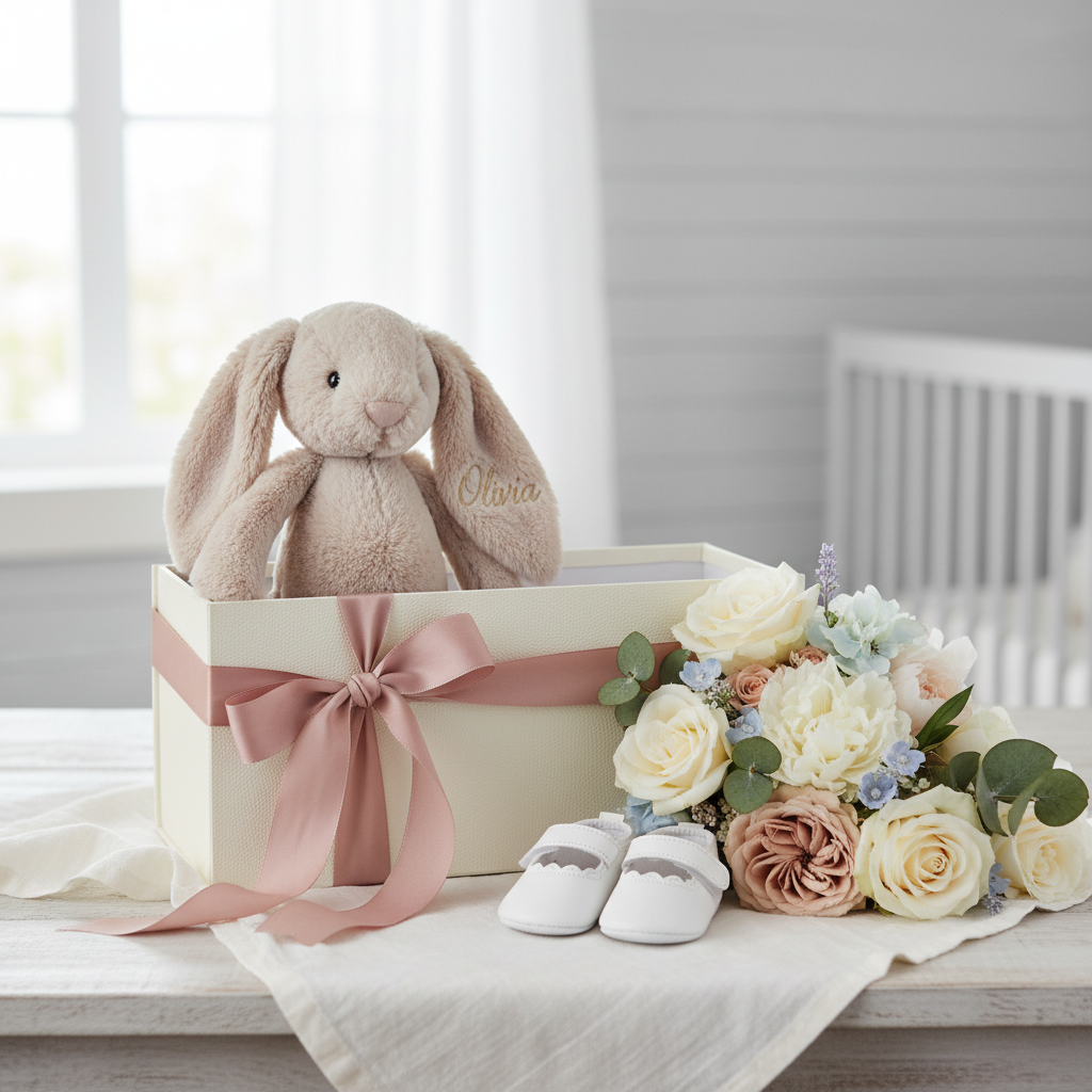 Lapin beige en boîte cadeau naissance
