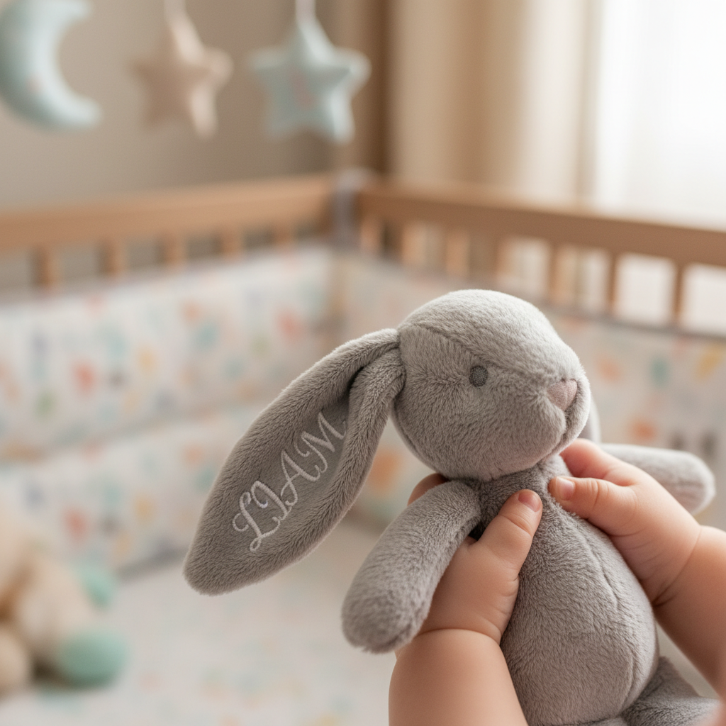 Lapin gris dans mains de bébé