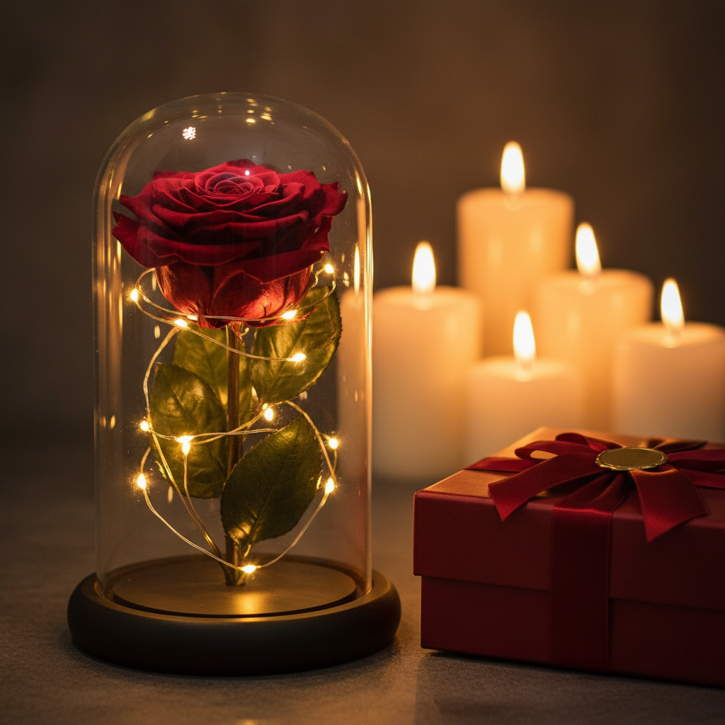 Rose Éternelle sous Cloche LED - Fleur Artificielle Lumineuse - Cadeau Saint-Valentin