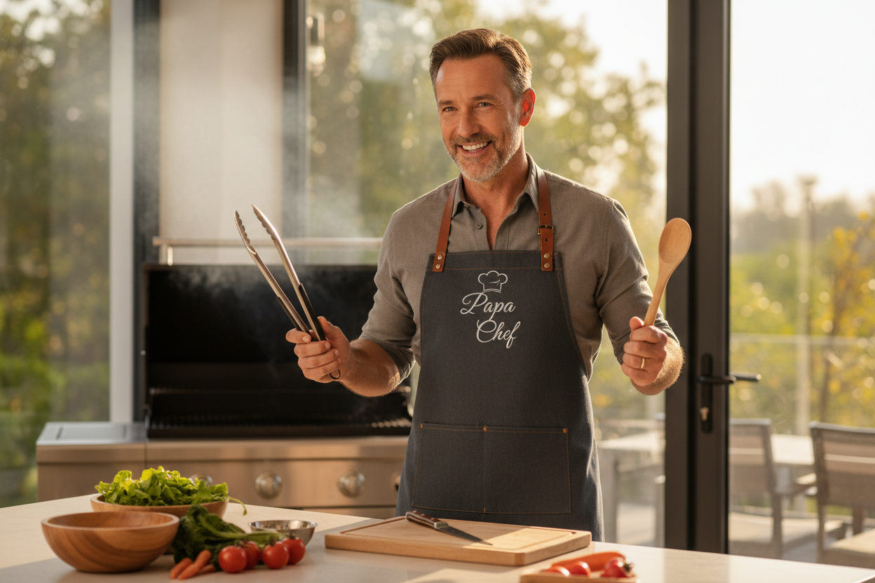 Tablier fête des pères porté par un homme
